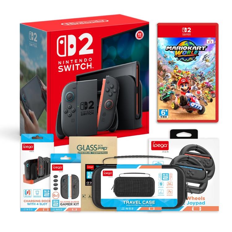 任天堂 NS2 Switch 2 主機+瑪利歐賽車世界+方向盤+充電座（包貼+矽膠套）
