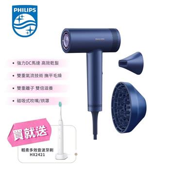 【Philips飛利浦】BLDC高速負離子護髮吹風機 藍色 (BHD837/41)