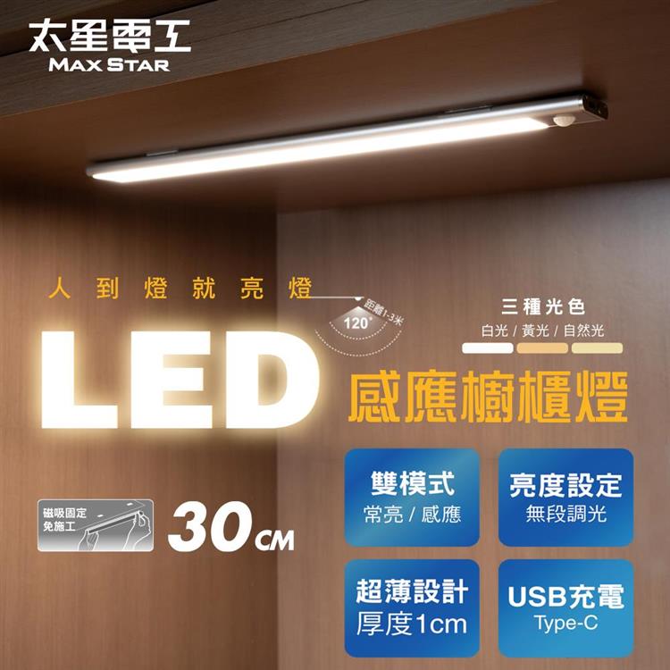 【太星電工】LED感應櫥櫃燈30CM 白光/黃光/自然光 超薄 無段調光 2種模式(常亮/感應) USB充電 磁吸免施工