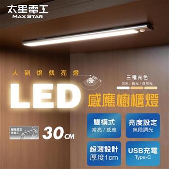 【太星電工】LED感應櫥櫃燈30CM 白光/黃光/自然光 超薄 無段調光 2種模式(常亮/感應) USB充電 磁吸免施工