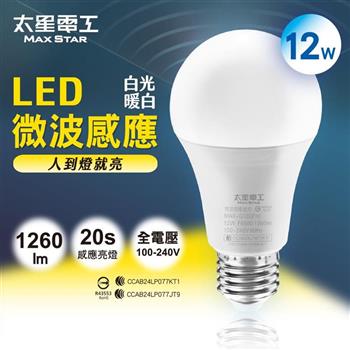 【寶島之光】12W LED微波感應燈泡 E27 雷達感應燈 自動亮燈 樓梯/玄關/走廊燈 廣角感應球泡(2入)