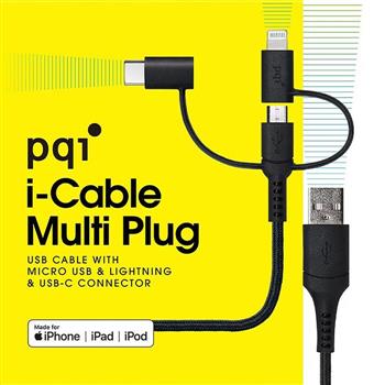 MFI認證【PQI】i-Cable Multi-Plug 三合一多功能傳輸線 100cm (Lightning、Micro USB、USB-C)
