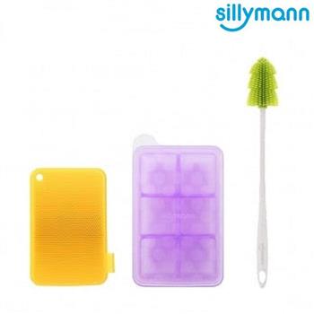【韓國sillymann】熱銷超值三件組－副食品盒6格（50ml）紫＋洗碗刷（黃）＋奶瓶刷（綠）【金石堂、博客來熱銷】