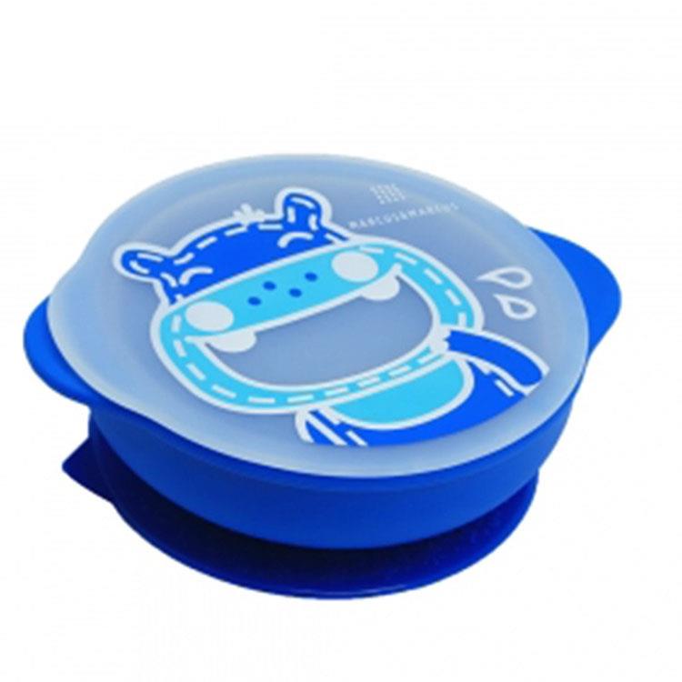 《 MARCUS＆MARCUS 》動物樂園幼兒自主學習吸盤碗含蓋－河馬（藍）
