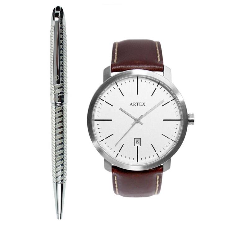 ARTEX 雅爵原子筆－銀色琴鍵+5936真皮手錶－褐色/霧銀42mm 有日期窗
