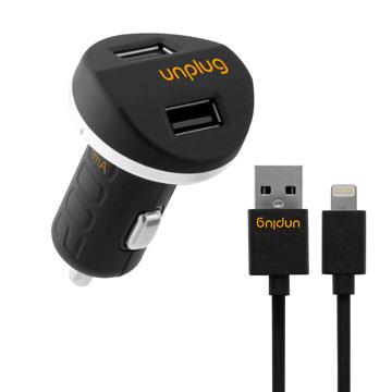 Unplug法國工藝2A雙USB皮革車充組 + Lightning充電傳輸線