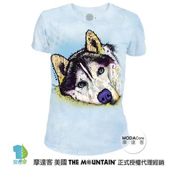 【摩達客】（現貨）美國The Mountain都會系列 彩繪哈士奇雪橇犬 圓領藝術修身女版短袖T恤【金石堂、博客來熱銷】