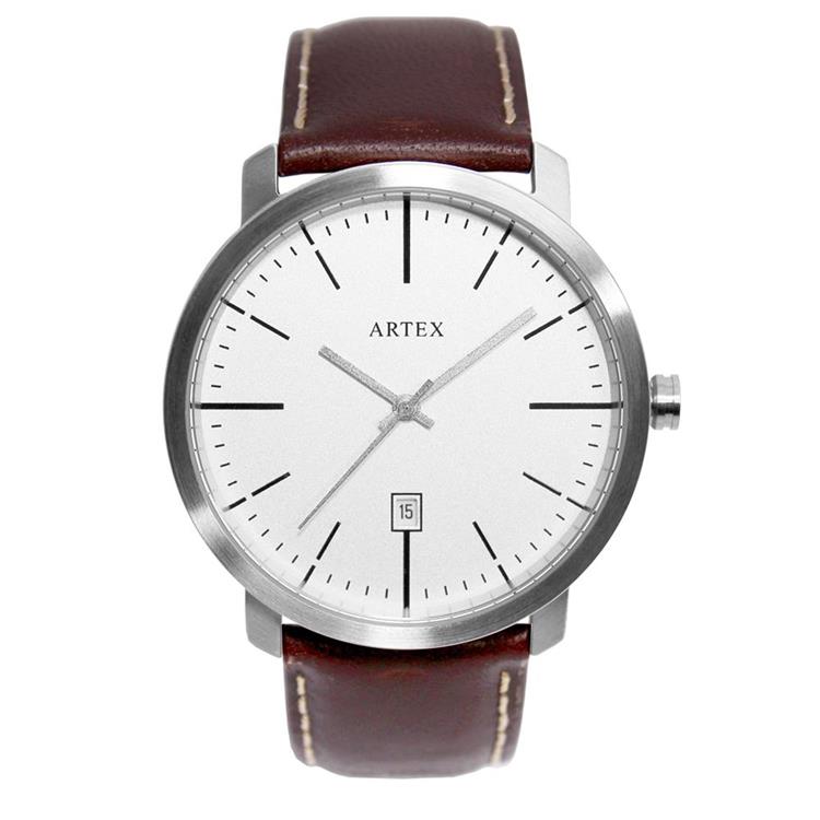 ARTEX 5936真皮手錶－褐色/霧銀42mm 有日期窗