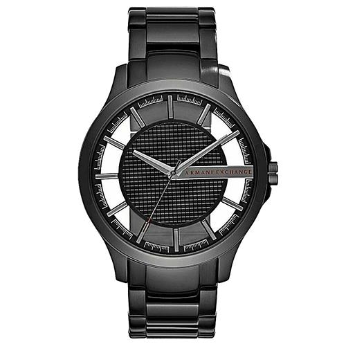 EMPORIO ARMANI 簡約格紋不鏽鋼腕錶－黑色