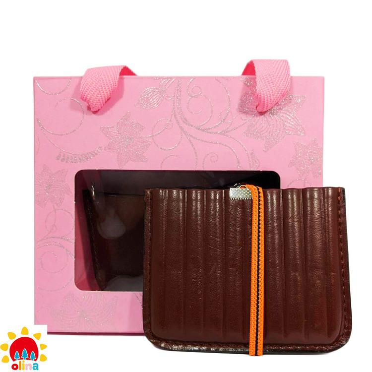 【olina】皮革咖啡色商務名片夾+伸縮拉繩卡片夾組禮盒－2入