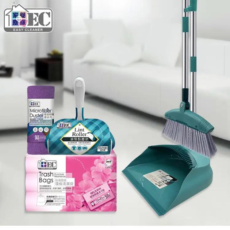 家簡塵除 易淨掃掃把畚斗組+滾筒黏塵把+防漏垃圾袋+超細纖維抹布