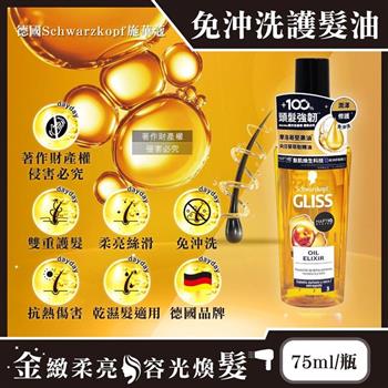 德國Schwarzkopf施華蔻-GLISS沙龍級滋養柔順免沖洗修護髮油75ml/瓶(德國小金瓶,摩洛哥堅果油髮膜,維他命E潤髮精華油,秀髮亮澤保濕安瓶)