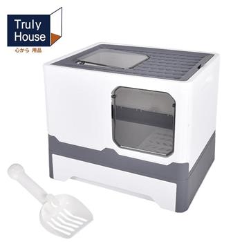 【Truly House】加大款 雙門全封閉防濺砂 折疊式貓砂盆 贈貓砂鏟/全蓋式摺疊貓砂盆/雙門掀蓋/防濺/防異味(兩色任選)