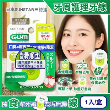 日本SUNSTAR三詩達-GUM去齒垢牙周護理牙線1入/盒-50M含蠟滑順型(狹窄齒縫用扁平潔牙線/牙縫殘渣清潔線/彈力尼龍好抽取便攜剔牙工具)
