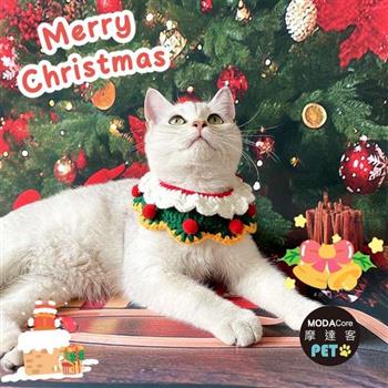 摩達客寵物-可愛萌寵聖誕裝扮_紅色球球雙層白綠黃編織領巾-兩種尺寸-耶誕派對裝扮_中小型貓狗適用