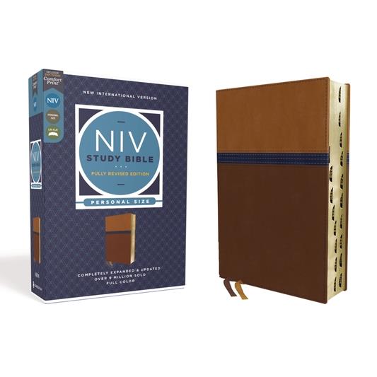 NIV Study Bible, Fully Revised Edition, Personal Size, Leathersoft, Brown/Blue, Red Letter, Thumb Indexed, Comfort Print