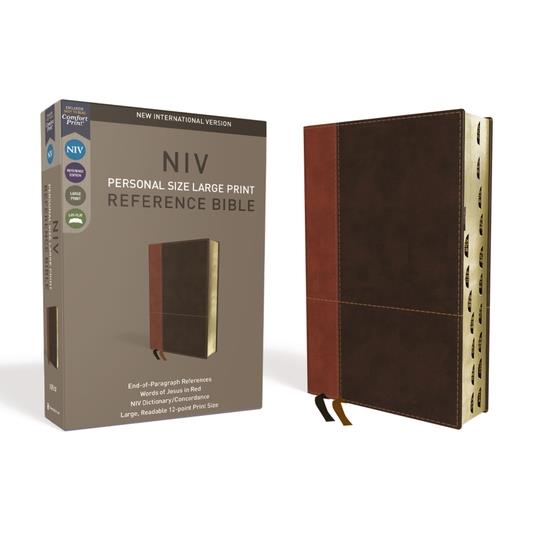 NIV, Personal Size Reference Bible, Large Print, Imitation Leather, Brown, Indexed, Red Letter Edition, Comfort Print