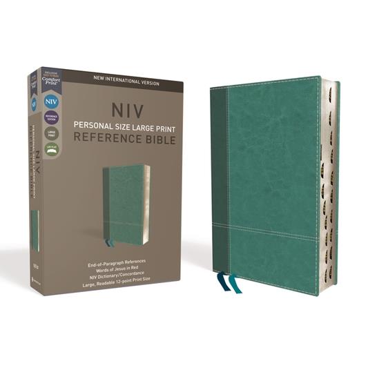 NIV, Personal Size Reference Bible, Large Print, Imitation Leather, Blue, Indexed, Red Letter Edition, Comfort Print