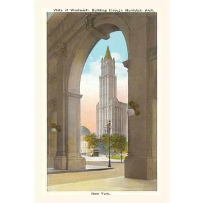 Vintage Journal View of Woolworth Building through Municipal Arch, New York City